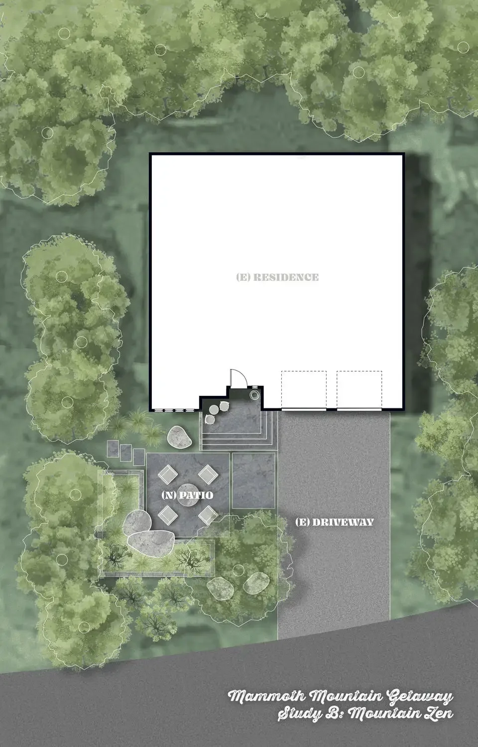 Site plan of Mammoth Mountain Getaway, Study B, Mountain Zen. The layout includes a residence, an outdoor patio, and a driveway, surrounded by trees.