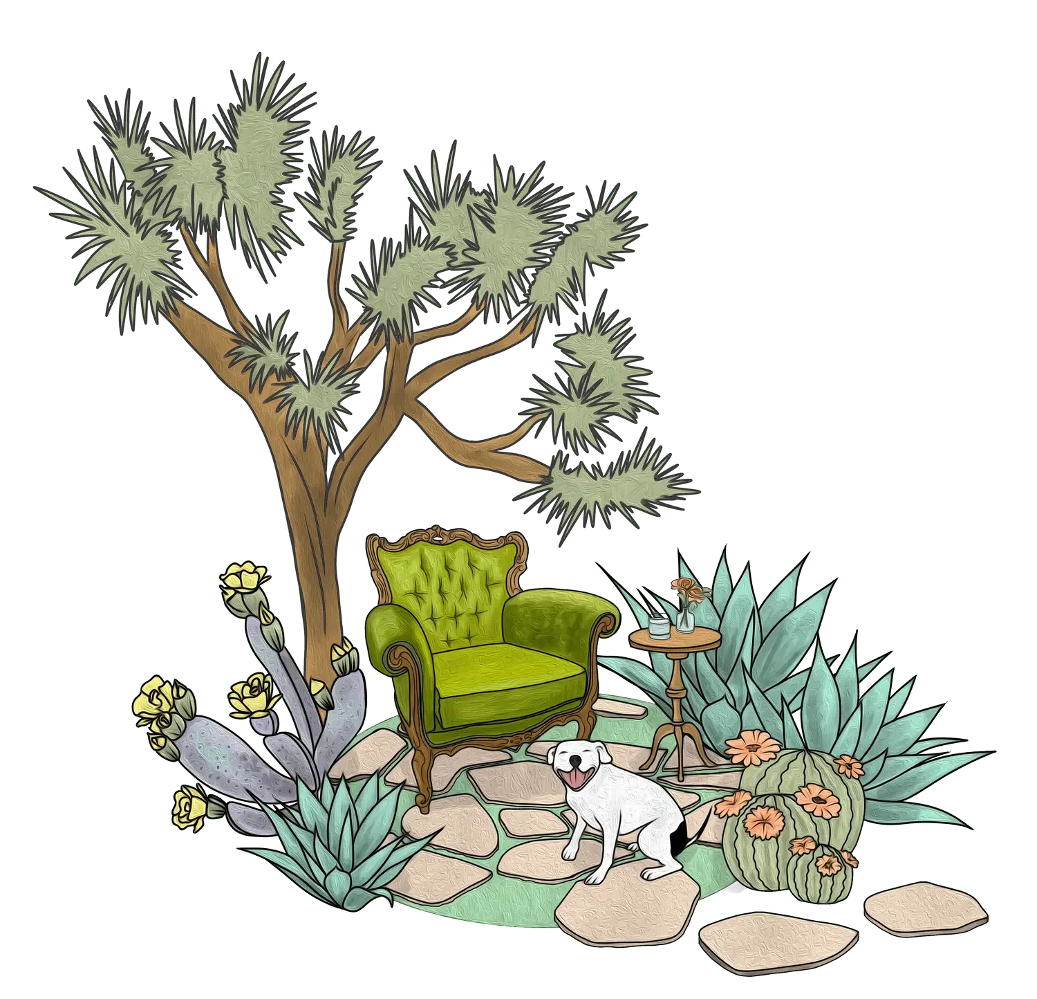Illustration of a garden scene with a large tree, green armchair, small table with bottles, a dog, and various plants and cacti.