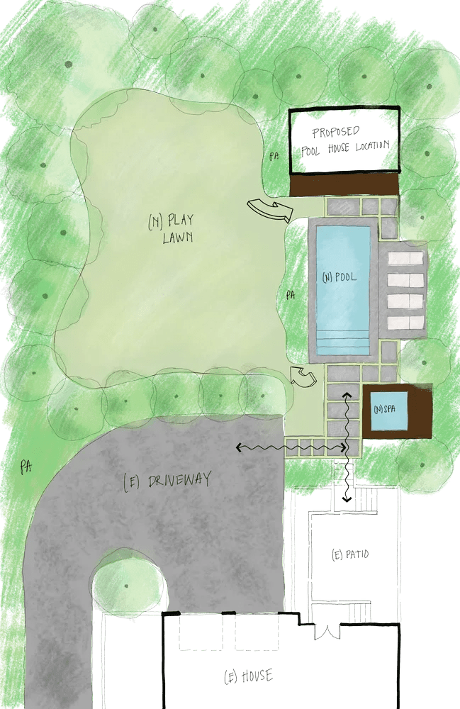 A backyard landscape plan showing a driveway, house, pool, pool house, spa, lawn area, and surrounding trees.