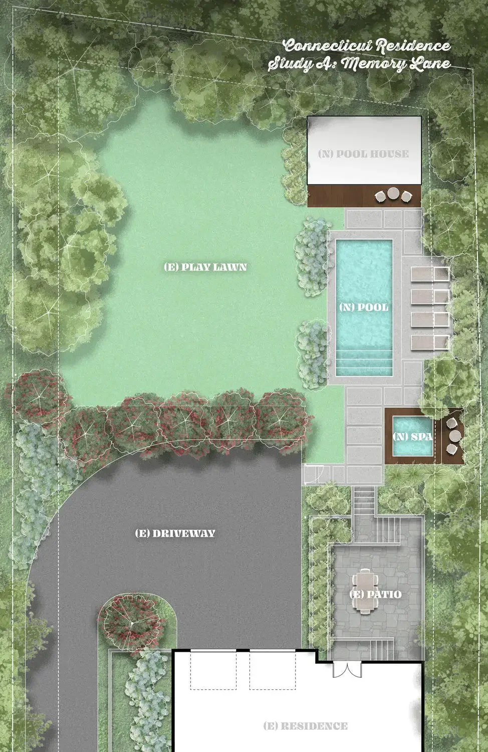A site plan of a Connecticut residence and study area, showing a pool, a pool house, a spa, a play lawn, a driveway, a patio, trees, and landscaping.