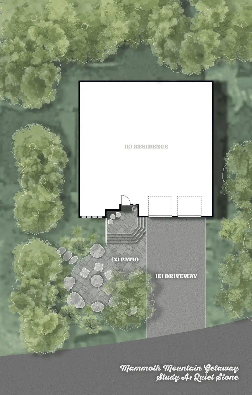A site plan of a Mammoth Mountain getaway with a residence, patio, driveway, and surrounding trees.