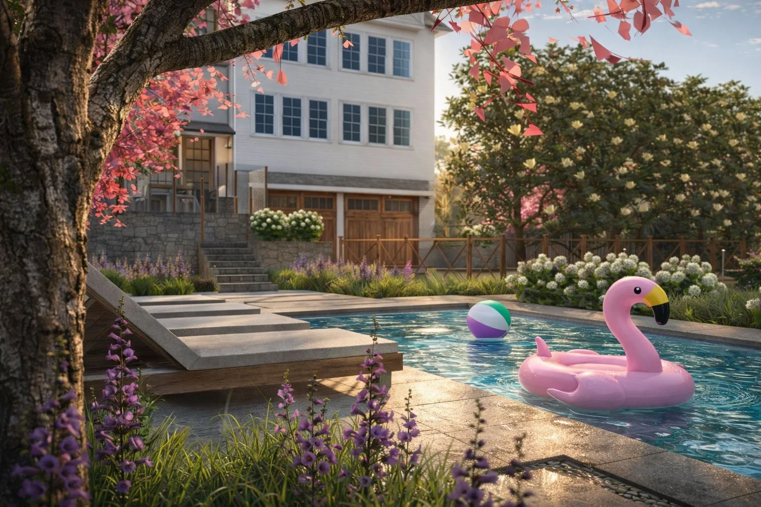 A backyard swimming pool with a pink flamingo float, a beach ball, and surrounded by flowering trees and bushes. The setting sun is visible in the background.