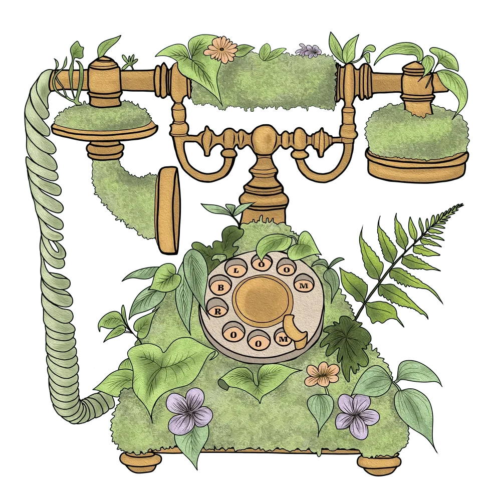 Illustration of a vintage rotary telephone surrounded by green leaves and colorful flowers, with parts of the phone covered in moss or foliage.