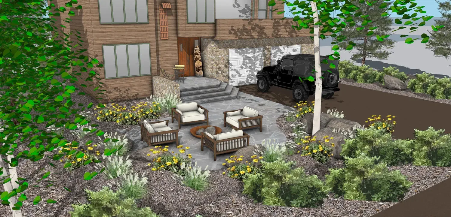 Digital rendering of a modern house's front yard featuring a paved patio with outdoor furniture, steps leading to the house entrance, a parking area with a black vehicle, lush greenery, trees, and landscaped garden beds.