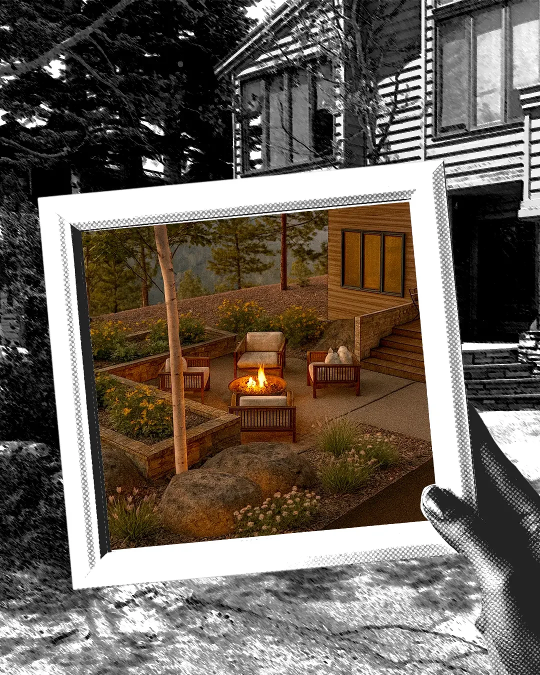 Photograph of a backyard patio with a fire pit, chairs, and plants, viewed through a framed photo.