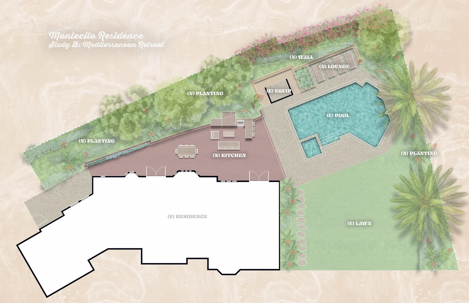 A landscape layout plan for a home in Montecito, with a pool, outdoor kitchen and fireplace