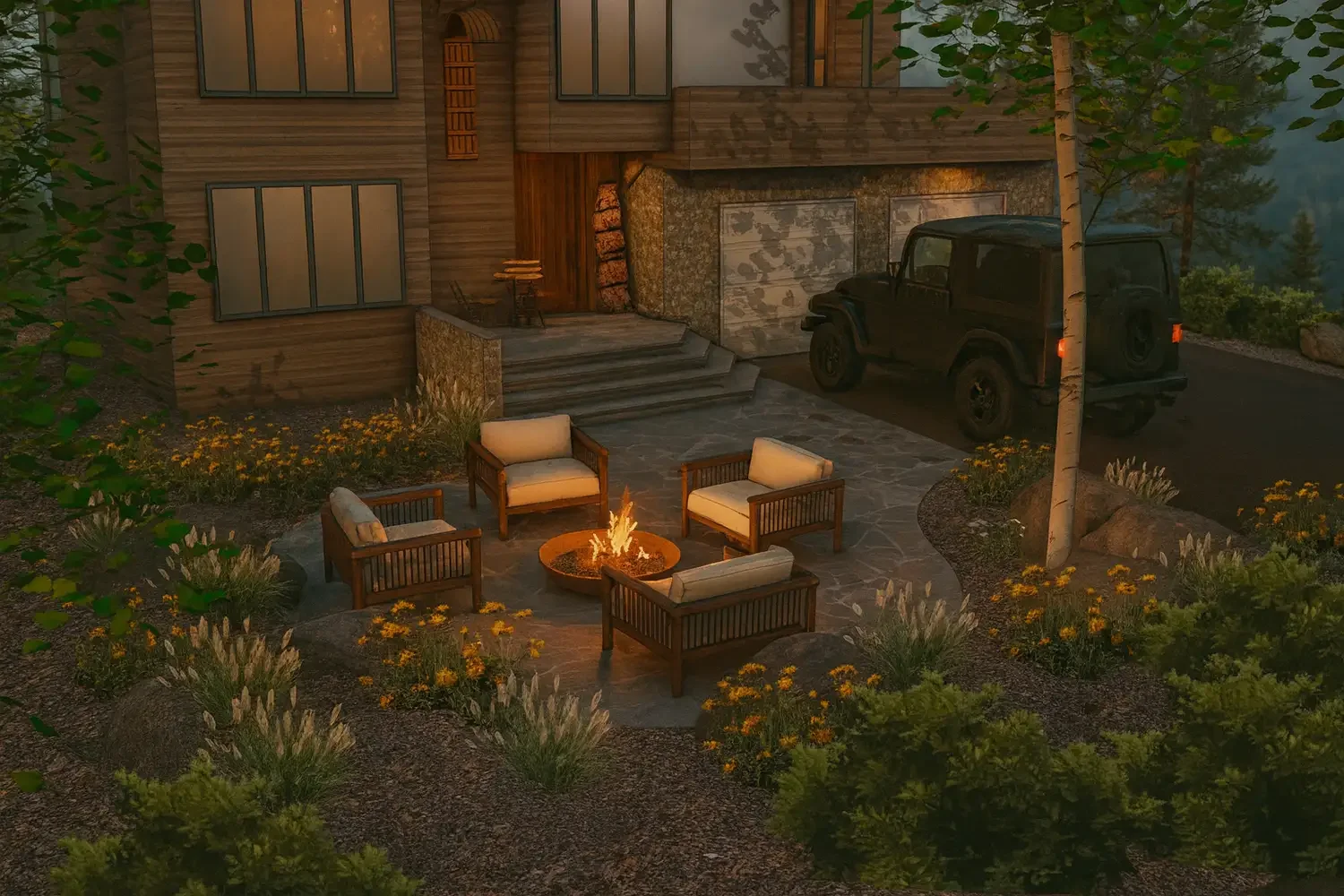 A backyard patio scene at sunset with a fire pit surrounded by four wooden chairs with beige cushions. In the background, there's a modern house with wooden siding, stone accents, and large windows. A black SUV is parked beside the house, and the area is landscaped with lush plants and flowers, with trees visible around the patio.