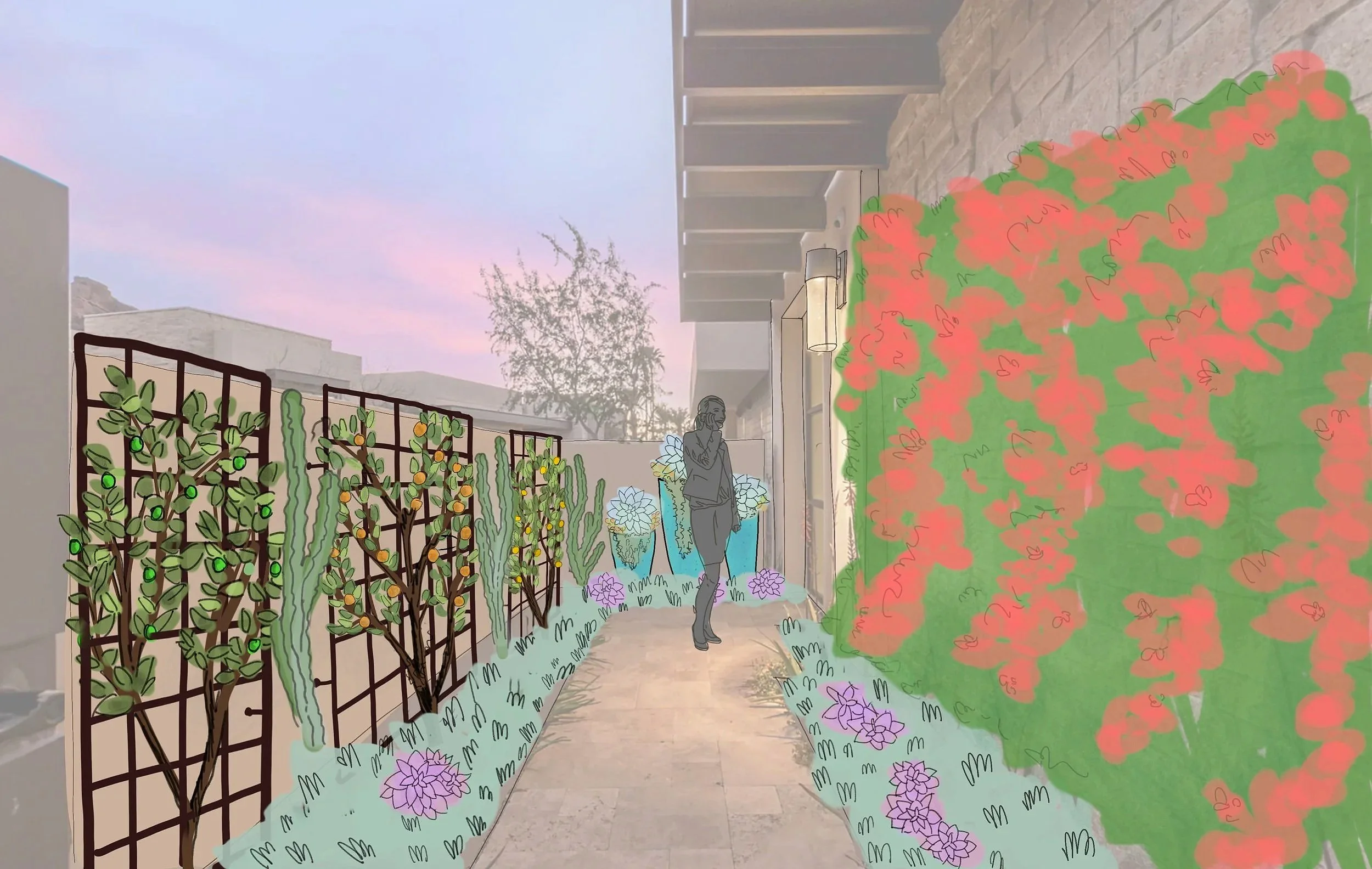 A digitally illustrated outdoor garden scene featuring a pathway bordered by flowering bushes, cacti, and potted plants, with a person standing in the background during sunset or sunrise.