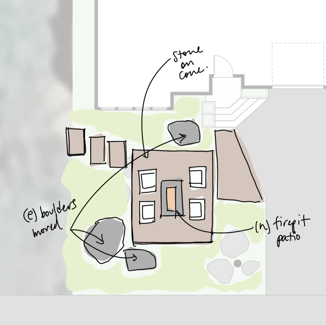 A hand-drawn landscape plan of a backyard features a firepit patio, e) boulders mound, a stone on a cone, and various rectangular and irregular shaped stones or seating areas placed around a house. The plan is annotated with labels indicating different elements.