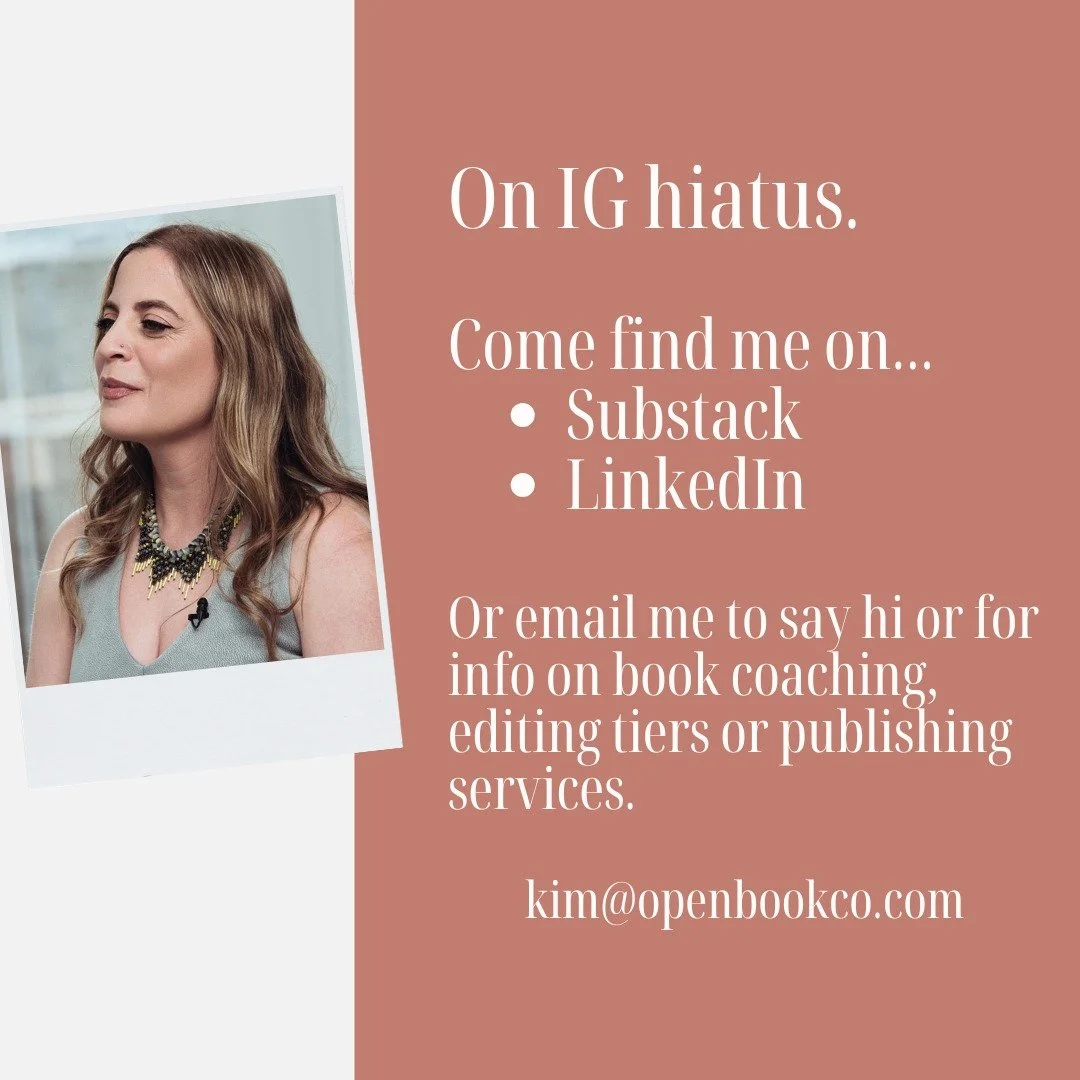 Taking another break.

For all things writing, editing, book coaching and publishing related, please say hi elsewhere...

Substack (both personal essays &amp; my writing/book-ish newsletter): 

&bull; An Excavation Journey: openbookco
&bull; The Open