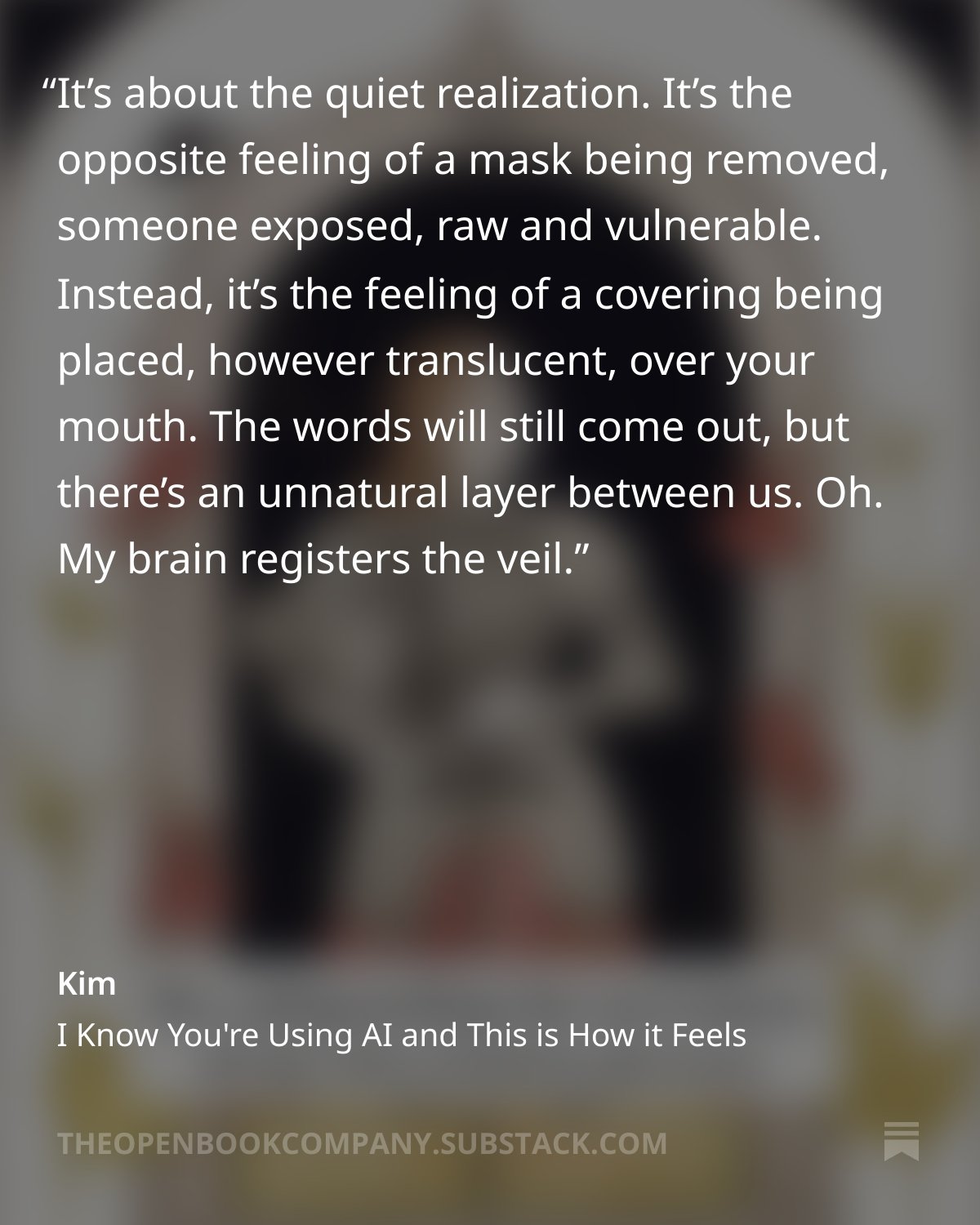 "I know you're using AI, and this is how it feels..."

...is the title of my latest short essay. (🔗in bio). 

I finally decided to begin to put words to what happens in my brain and body when I read a piece of writing that has been touched