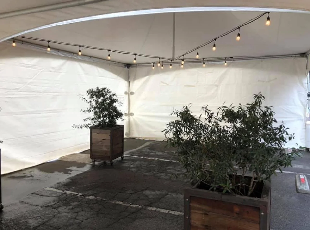 Marquee tent illuminated with lights for evening party at a local business.