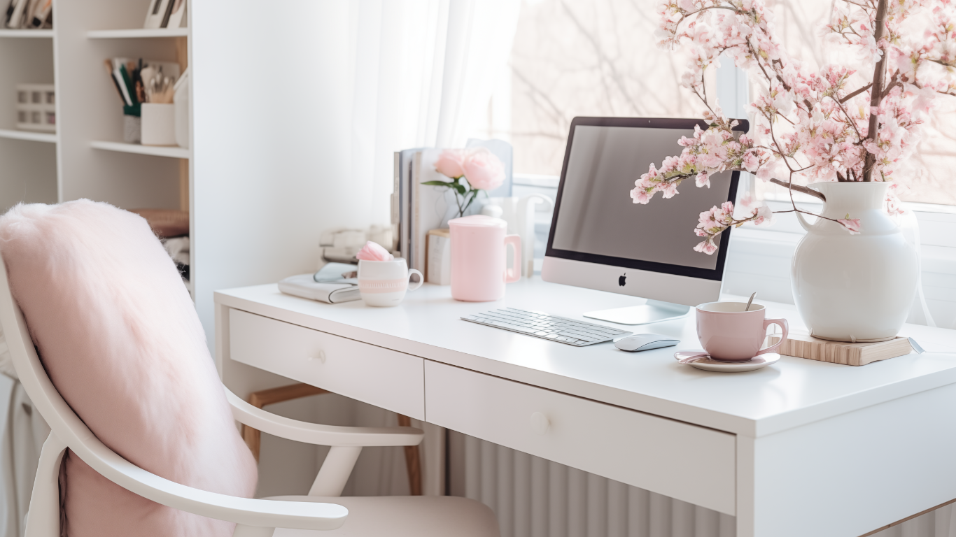 A cozy home office setup with a white desk, a computer, pink and white vases with flowers, a pink mug, and a plush pink chair with a faux fur throw, near a window with sunlight.