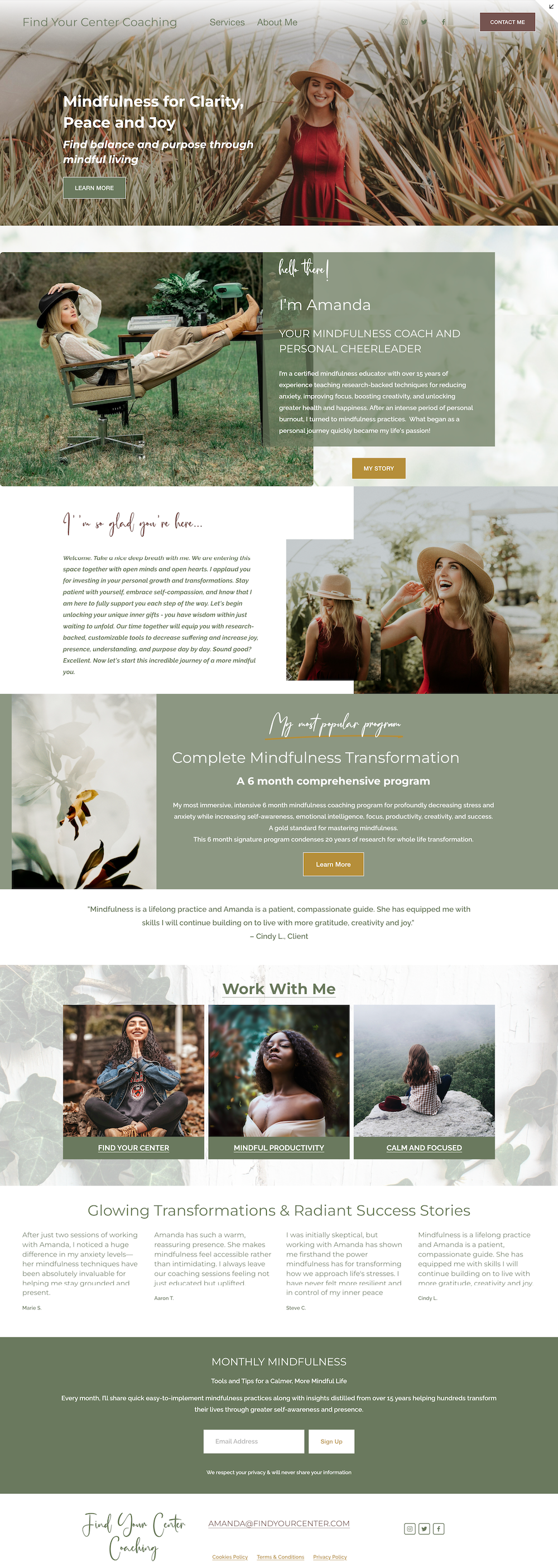 A webpage for Find Your Center Coaching featuring images of women practicing mindfulness outdoors, with sections on mindfulness programs, client testimonials, and contact information.