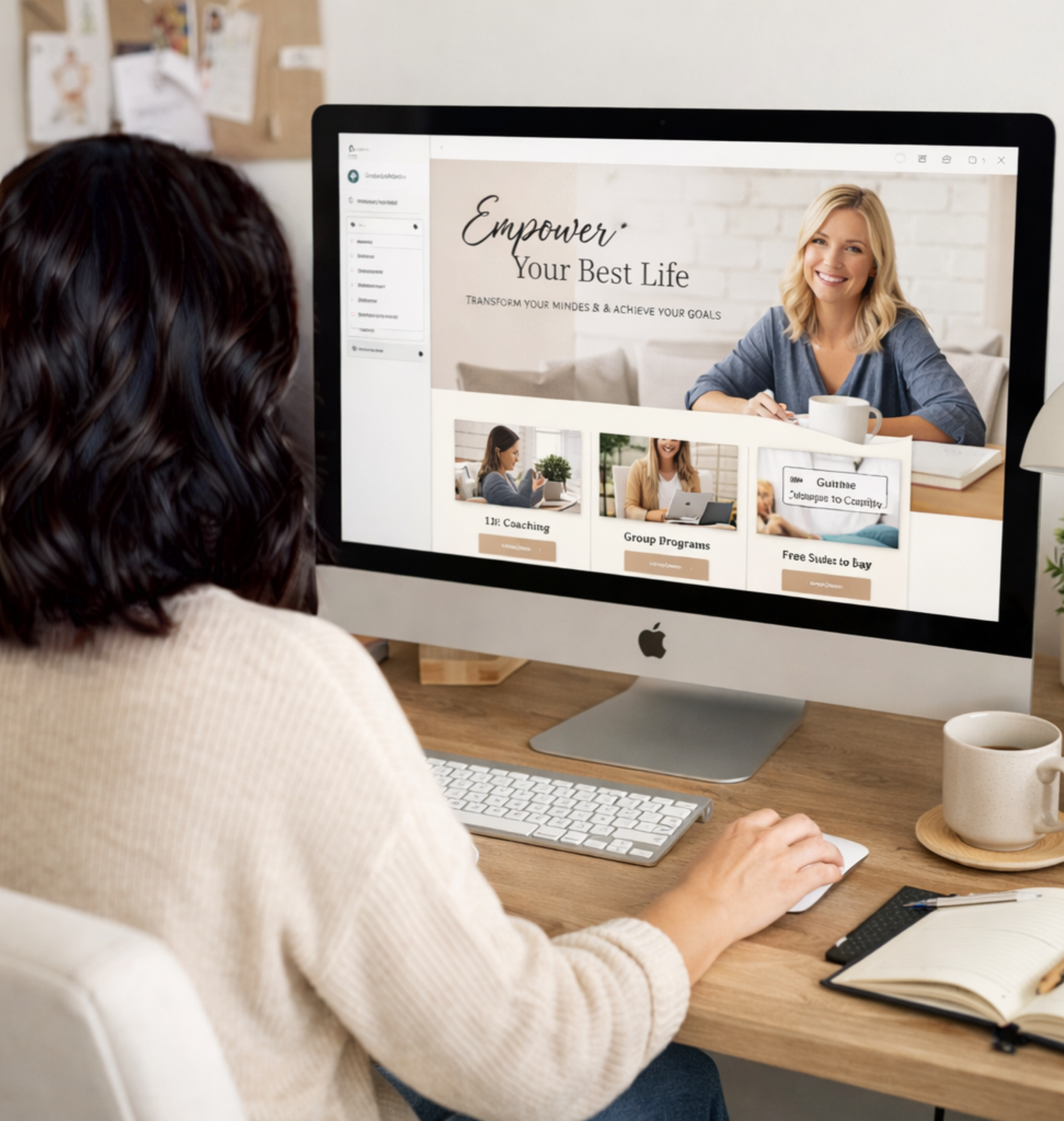 Person using a computer with a website about empowerment, coaching, group programs, and free slides on the screen.