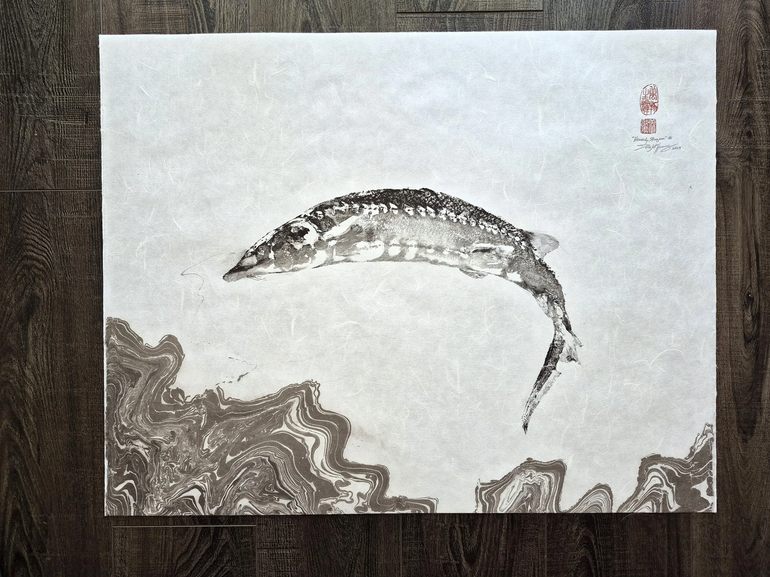 "Heavenly Sturgeon" Gyotaku of White Sturgeon III - 30x23.5"