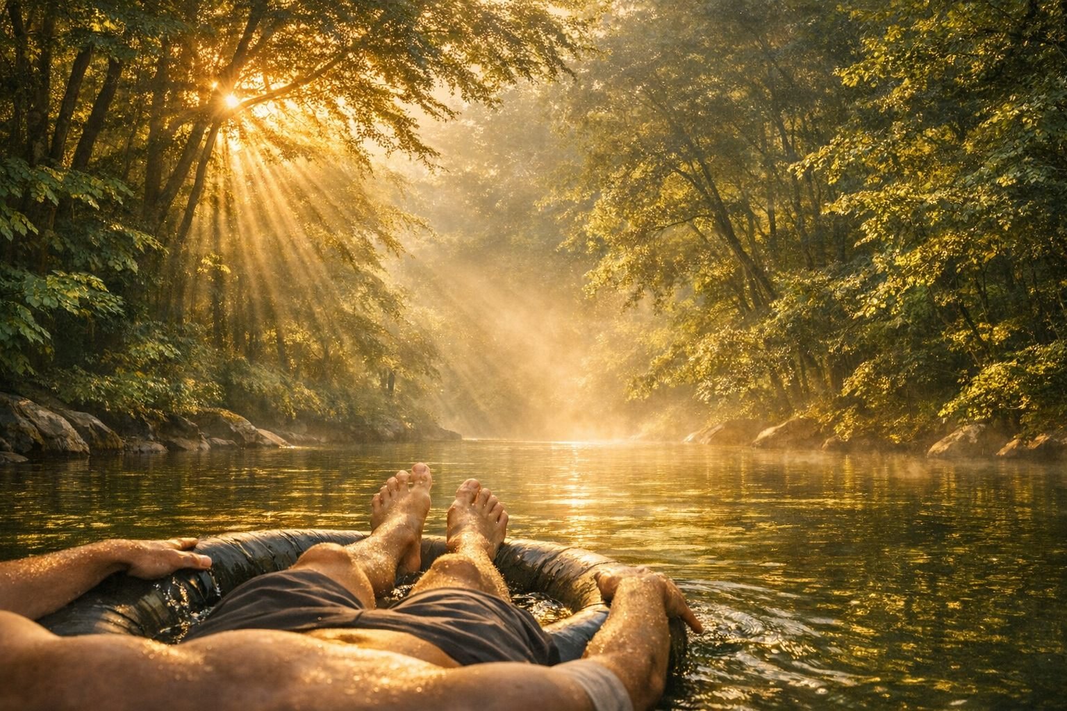 Person resting in a small boat on a calm golden river surrounded by trees, symbolizing the moment of trust when effort softens and the current of life carries you forward.