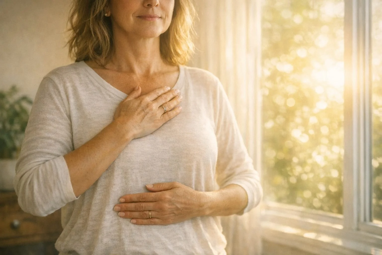 A woman standing indoors near a window with sunlight filtering through, holding her hand over her chest.