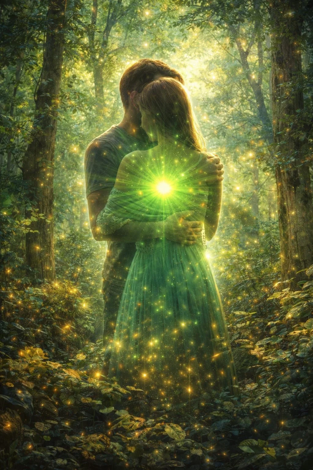 Two people standing close together in a forest, surrounded by warm light and green radiance at the center of their embrace, symbolizing the compassion, connection, and healing energy of the Heart Chakra.