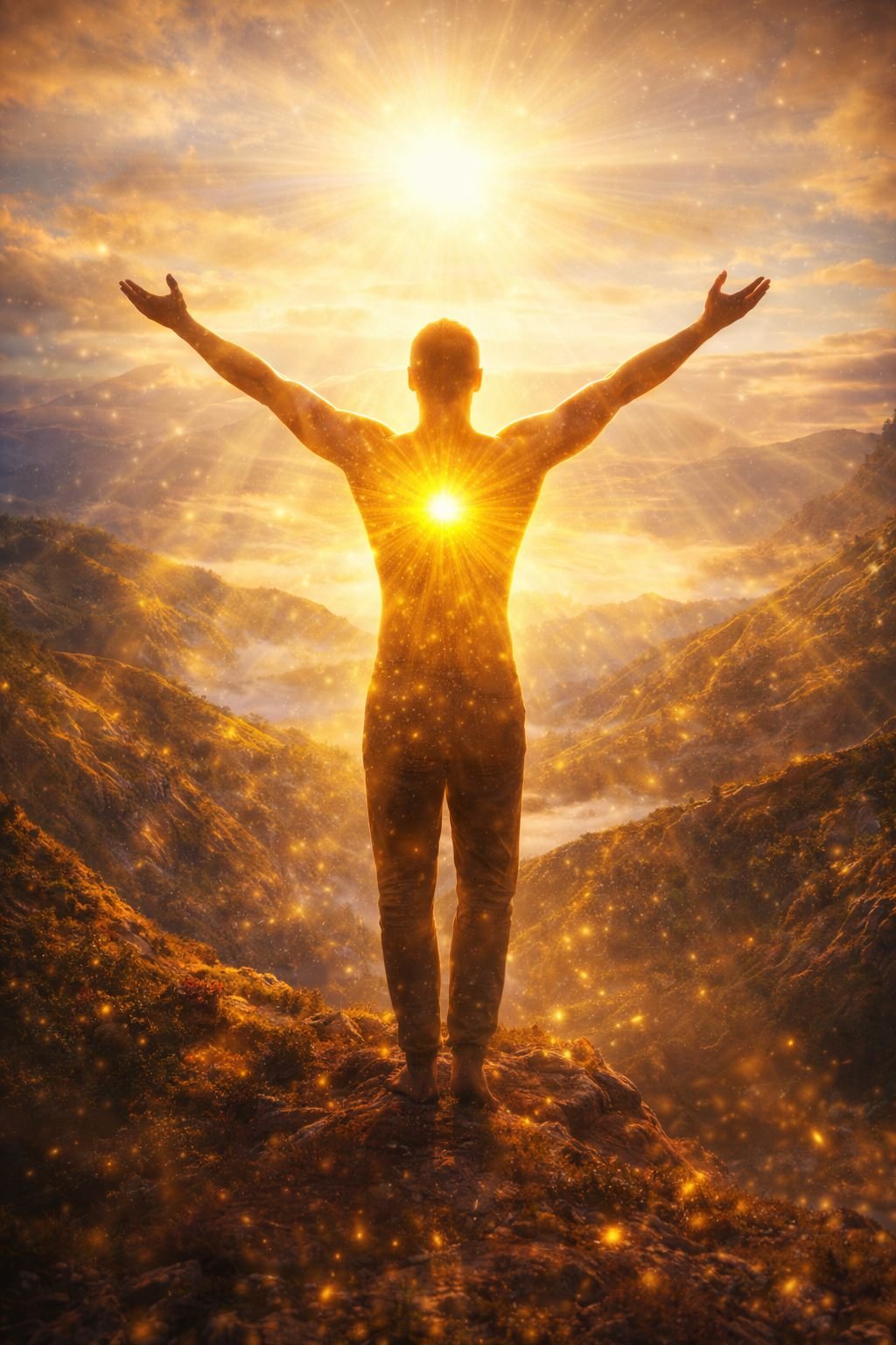 Person standing on a mountain peak with arms outstretched toward a radiant golden sun, surrounded by warm light and sparkles, symbolizing the empowerment, vitality, and inner strength of the Solar Plexus Chakra.