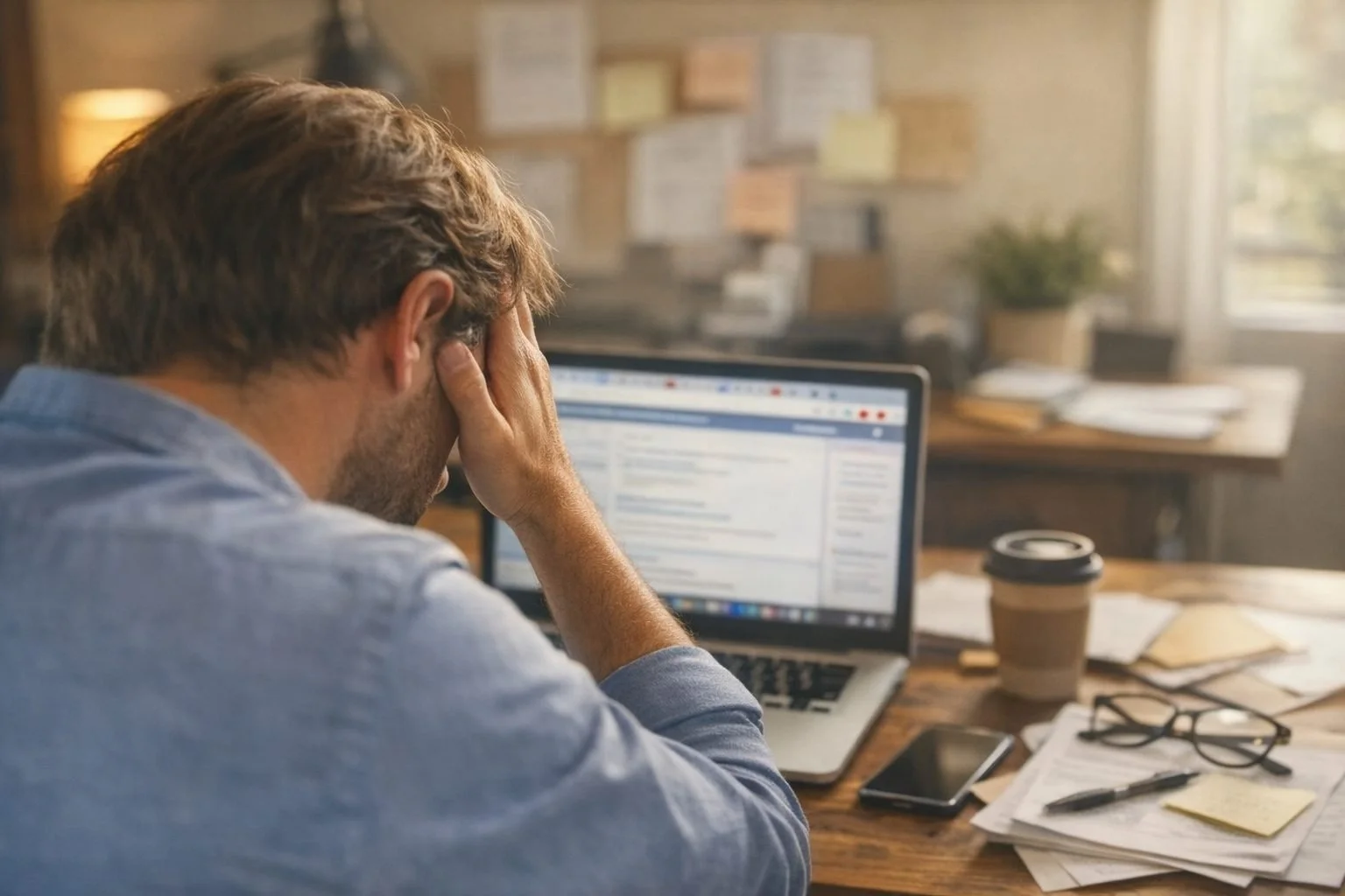 Person sitting at a desk with a hand on the forehead in front of a laptop, surrounded by papers, glasses, and a coffee cup, illustrating mental strain, overwhelm, and the need for grounding through meditation.