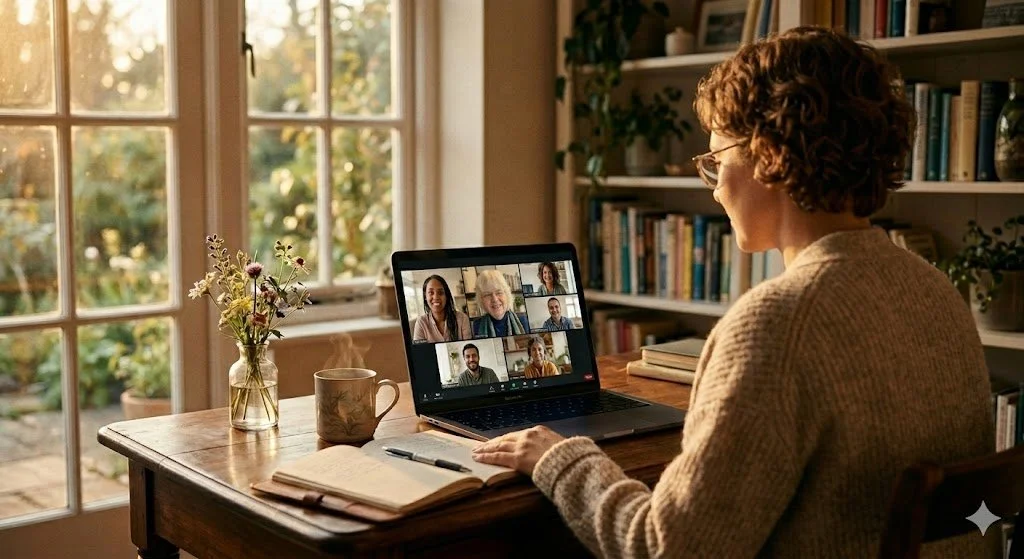 An experiential online group workshop or community gathering hosted on Zoom, showing a participant engaged at a laptop with a video grid of people learning together in a bright home office setting.