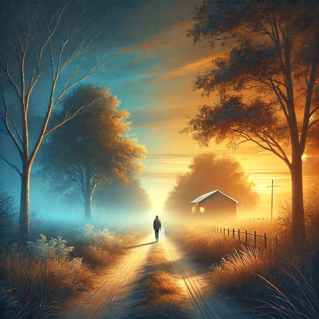 A person walking down a dirt road at sunset, with large trees, a small house, and a fence along the side of the road.