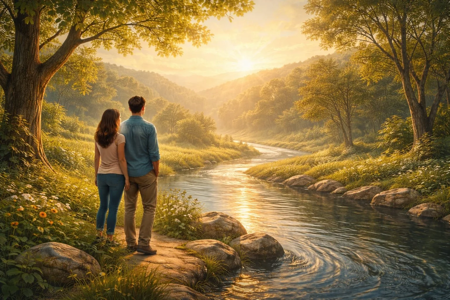 two people standing  by a creek looking towards the setting sun