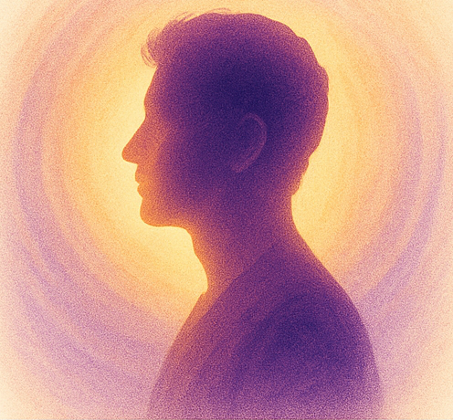 Silhouette of a young man with short hair against a warm, glowing background.