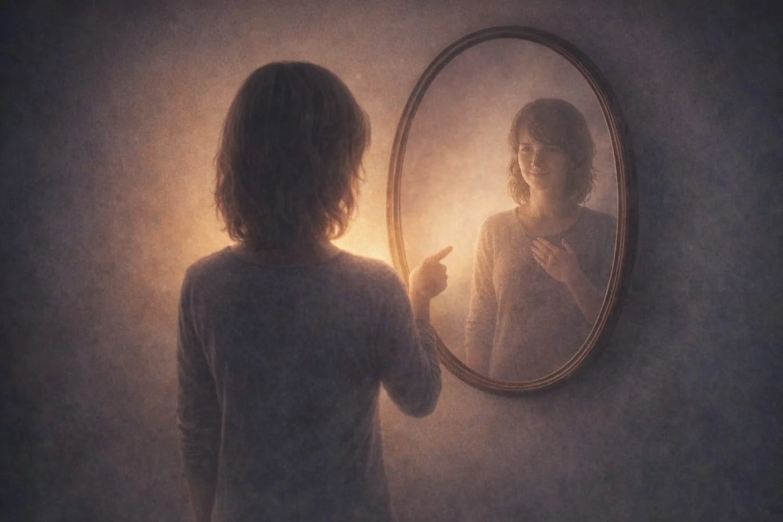 “Illustration of a person looking into a mirror, symbolizing how choice becomes visible when inner belief shifts and the outer reflection changes in response.