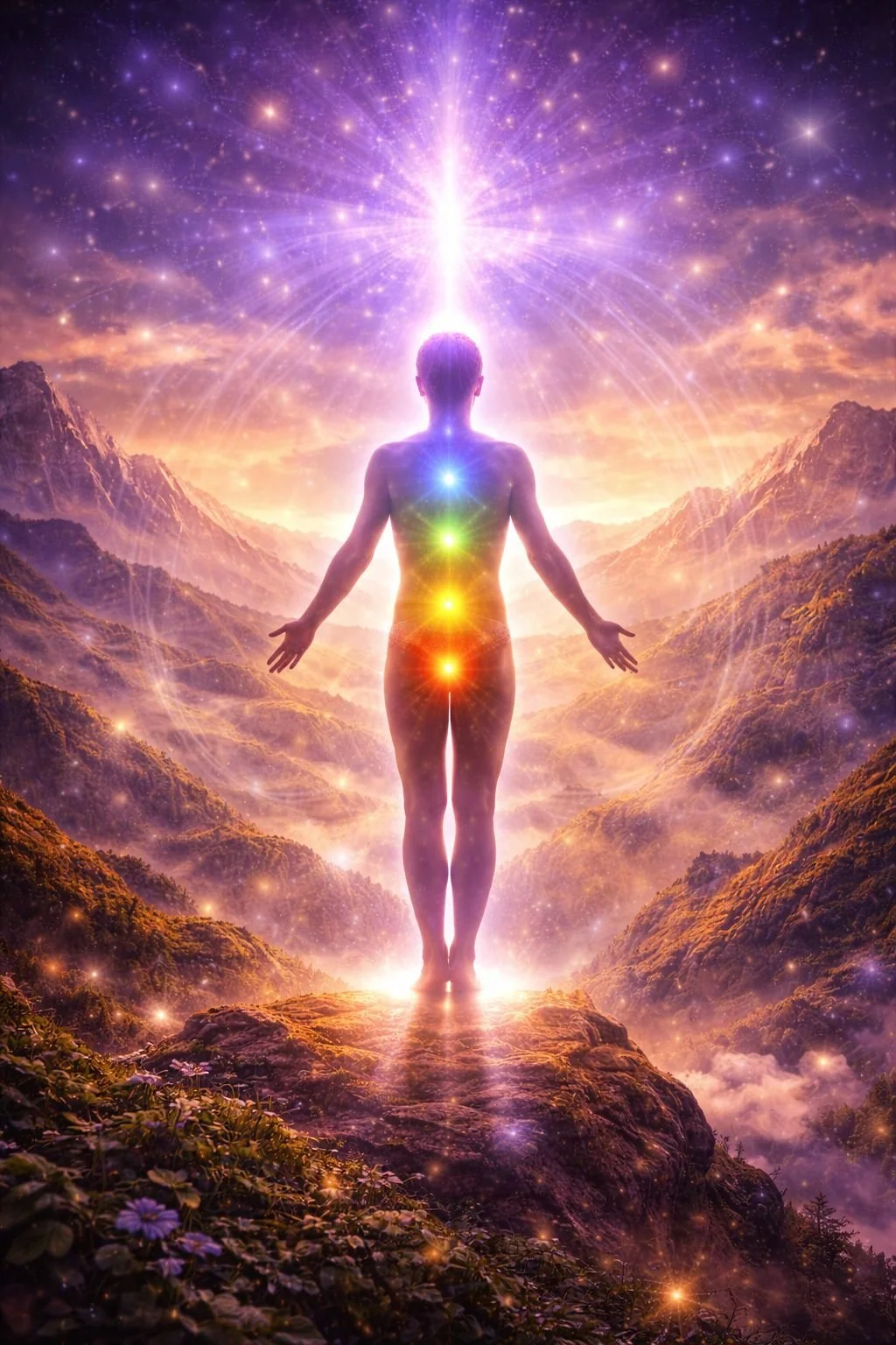 Luminous figure standing on a rocky ledge with all seven chakras glowing along the body and a radiant beam of light rising from the crown into the sky, symbolizing spiritual connection, unity, and the expansive energy of the Crown Chakra.