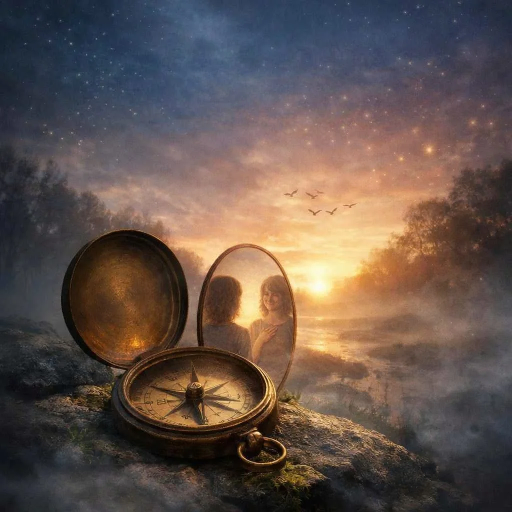 “Compass resting on a beach at sunset, representing choice as the inner compass resetting toward beliefs that support clarity and direction.
