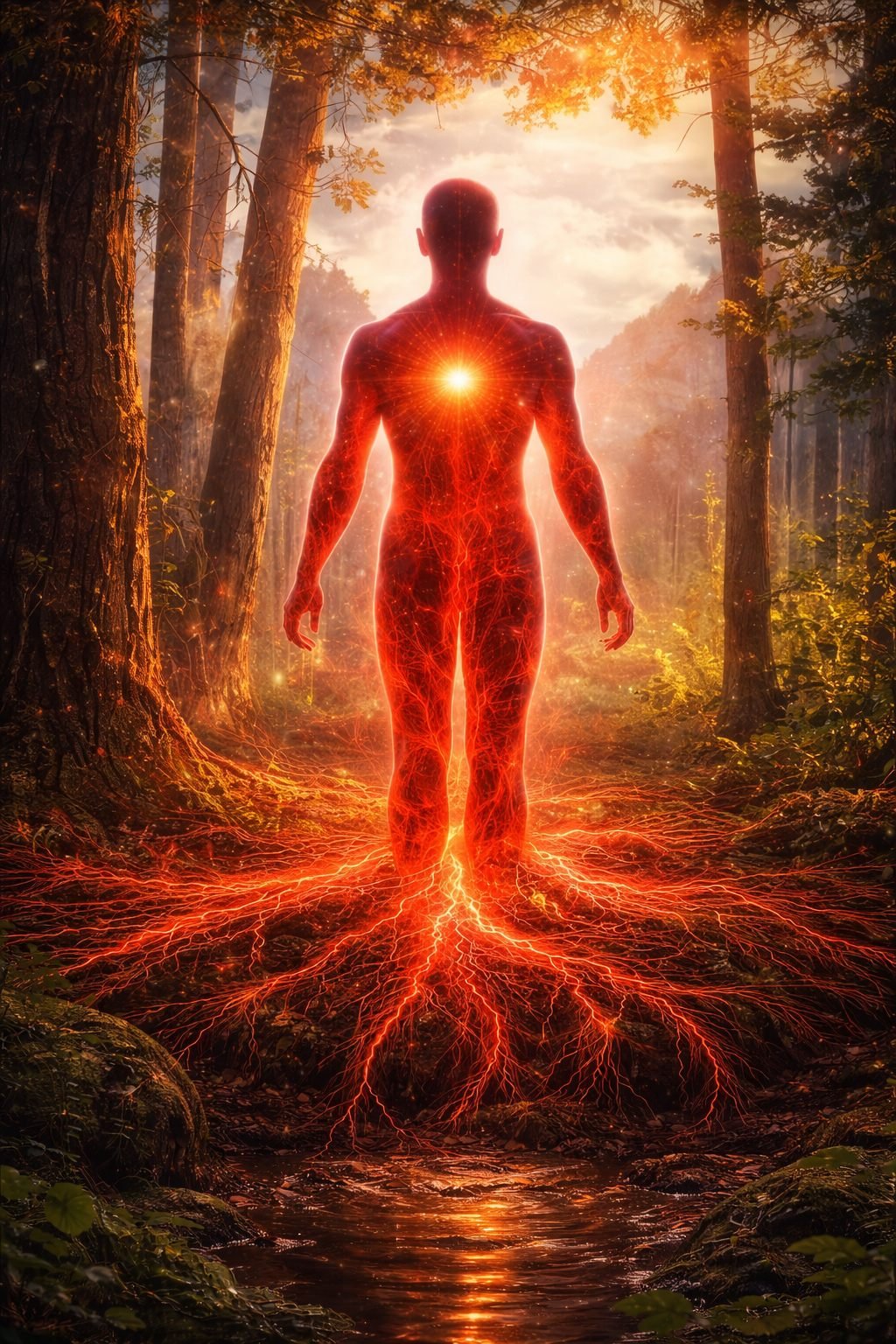 “IRed, glowing human figure standing in a forest with root‑like energy extending into the earth, symbolizing grounding, stability, and the embodied strength of the Root Chakra.