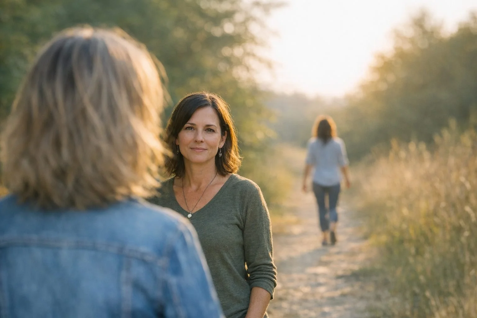 Two women having a conversation on a dirt path during sunset, with one woman facing the camera and the other with her back to the camera, and another woman walking away in the background.