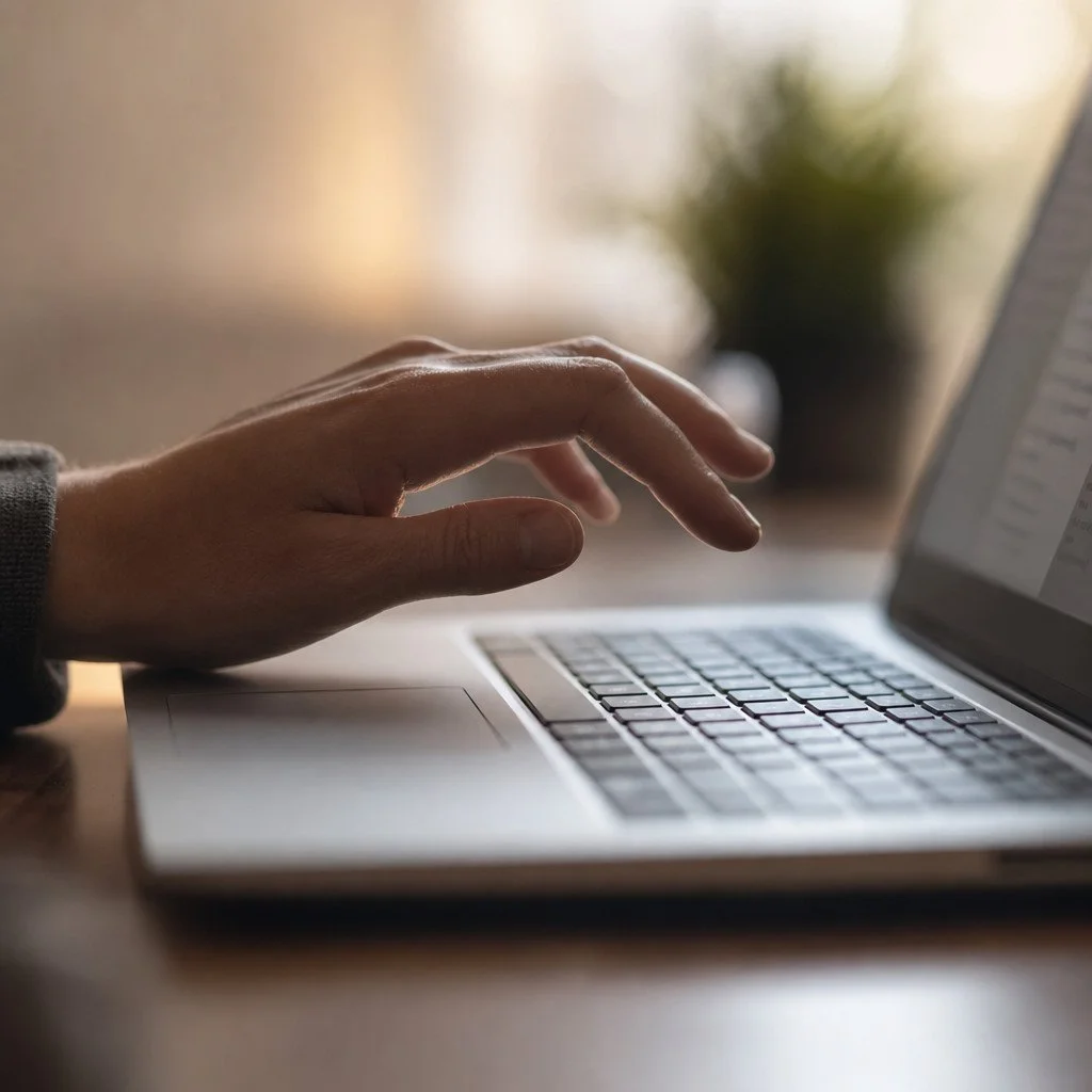 A person's hand typing on a laptop keyboard with a blurred background of a plant.