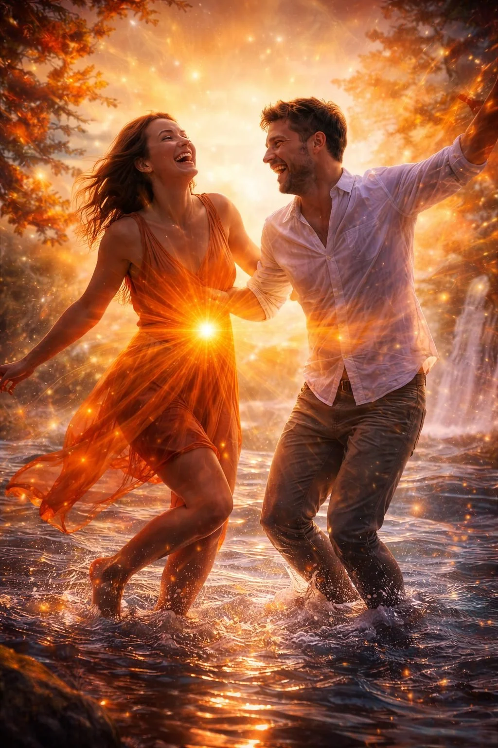 Two people standing in shallow water surrounded by warm orange light and sparkles, symbolizing the fluidity, creativity, and emotional connection of the Sacral Chakra.
