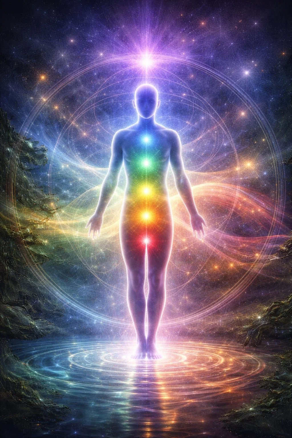“I“Luminous human figure with seven glowing chakra points aligned along the body, surrounded by radiant cosmic light and geometric patterns, symbolizing energetic alignment and connection between the body and the universe.
