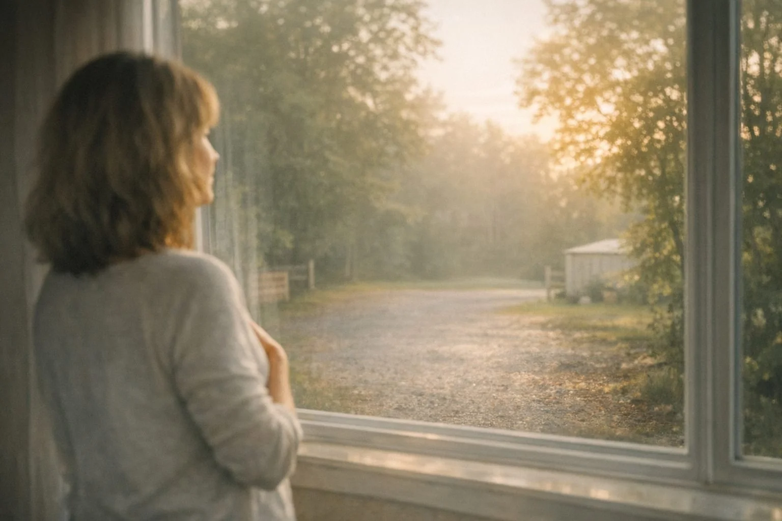 Woman standing by a window in soft morning light, gazing out at an empty driveway surrounded by trees. The scene conveys the quiet shift between presence and absence and the subtle knowing that someone has gone.