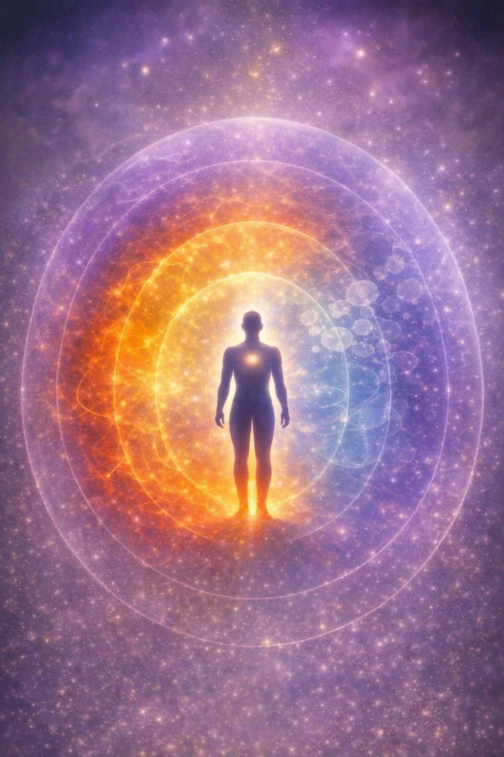 Silhouetted figure standing in a radiant cosmic field with multiple glowing concentric energy layers and a bright center of light at the chest, illustrating human energy, stress regulation, and the shift from overwhelm to coherence.
