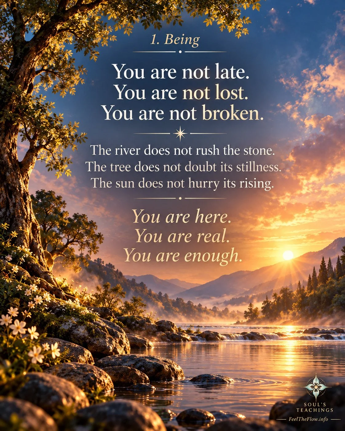 1. Being
You are not late.
You are not lost.
You are not broken.
The river does not rush the stone.
The tree does not doubt its stillness.
The sun does not hurry its rising.
You are here.
You are real.
You are enough.