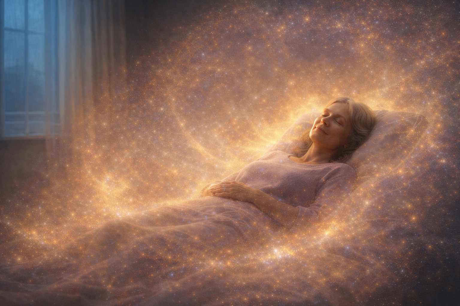 Person resting in bed surrounded by soft radiant energy, symbolizing immersive support in a Deep Flow Session.