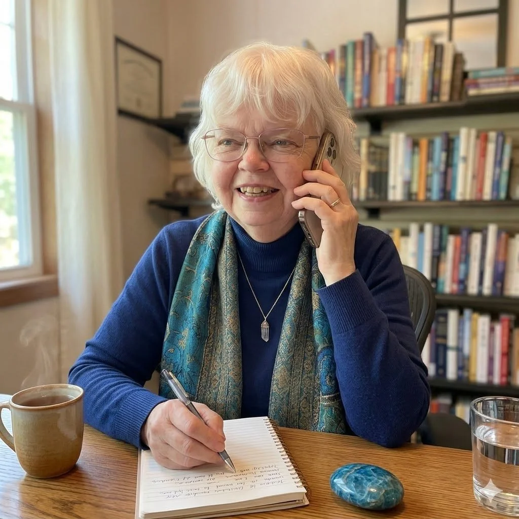 A woman therapist with white hair and glasses sitting at a wooden table, talking on her cell phone, smiling, with a notebook, a pen, a steaming cup of coffee, a glass of water, and a decorative stone in front of her, in a room with a bookshelf.