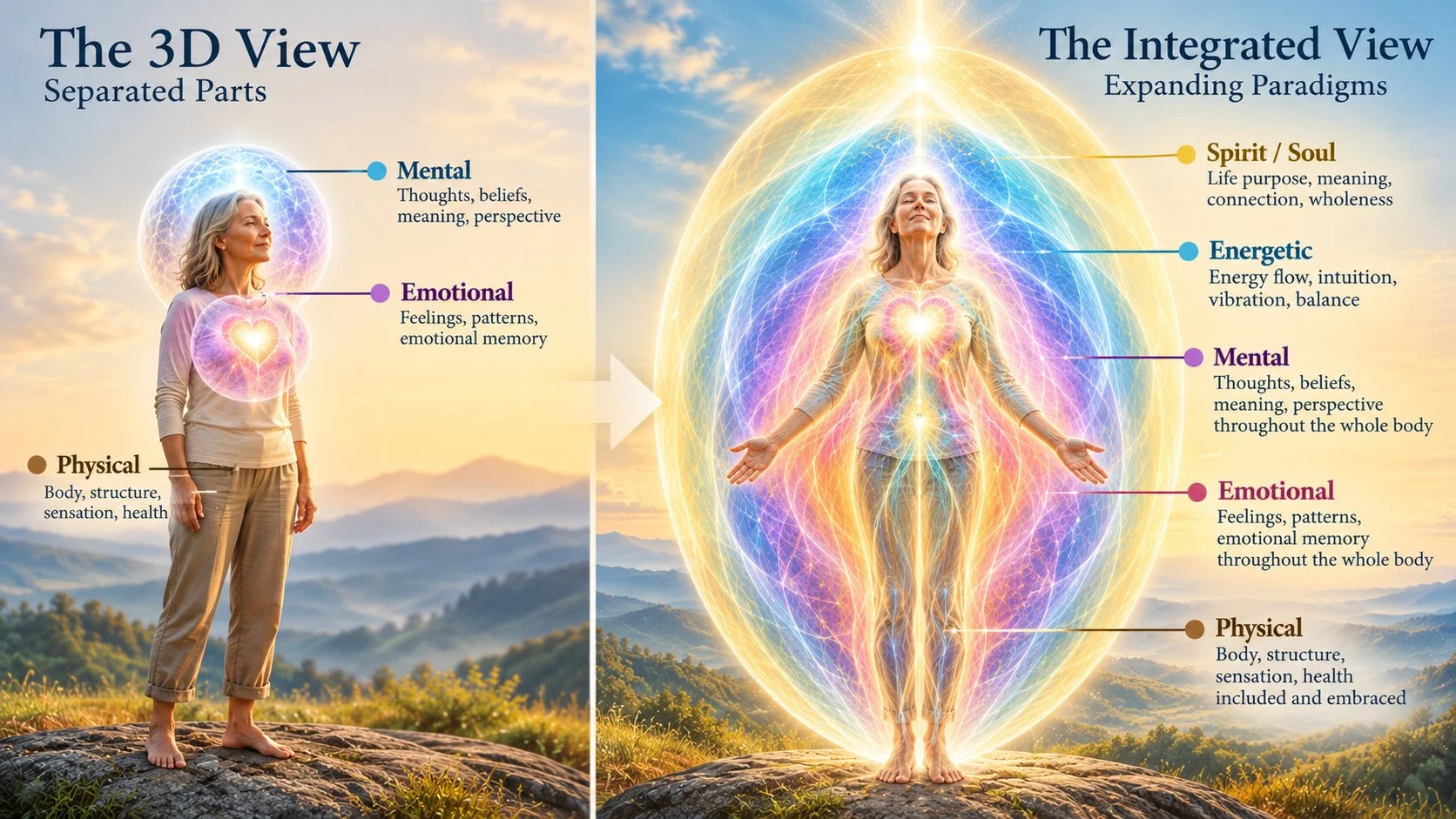 Illustration comparing a 3D view of the physical, mental and emotional self with an expanded, integrated view including energetic and spiritual dimensions.