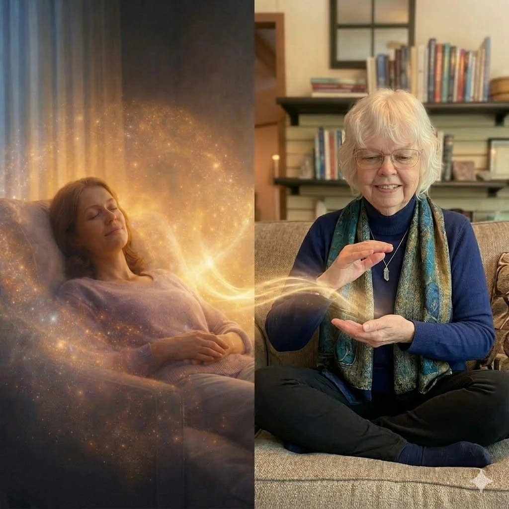 A split-screen illustration of a remote energy alignment session with Dr. Jill Henry channeling a flow of golden, subtle energy from her hands to a woman resting deeply in a peaceful, radiant aura.
