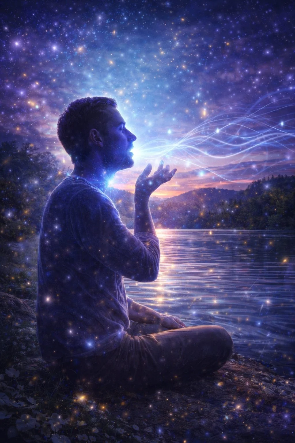 Person sitting cross‑legged beside a calm lake at twilight, releasing soft glowing streams of light into the air, symbolizing the clarity, expression, and energetic openness of the Throat Chakra.