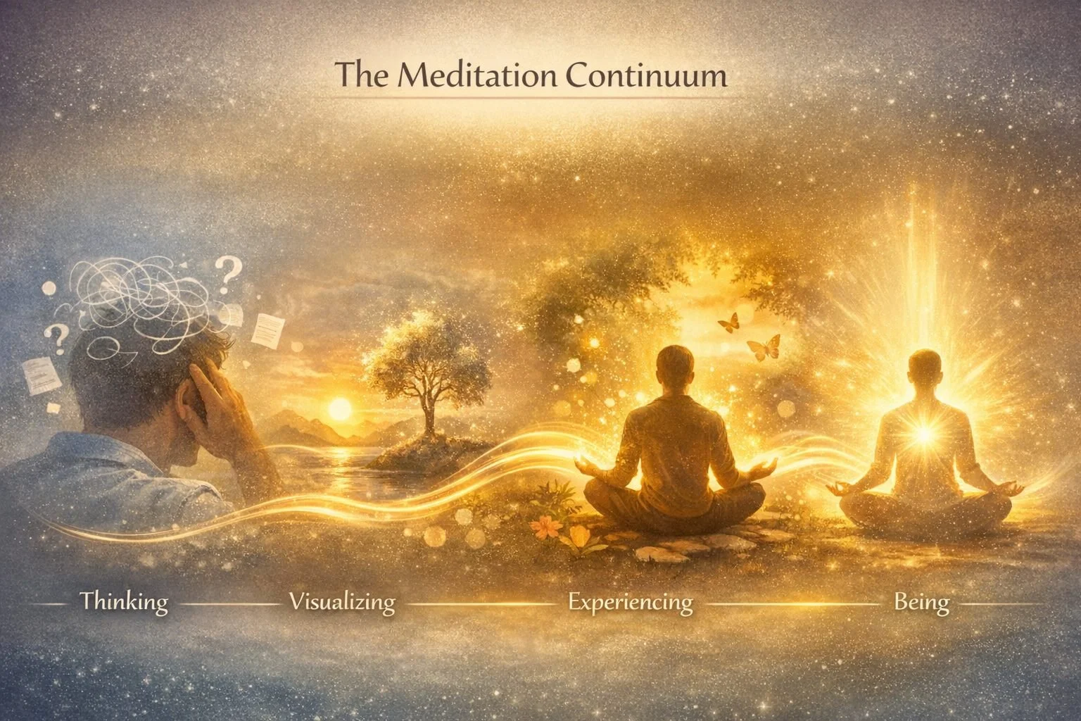 Diagram titled “The Meditation Continuum” showing four stages—Thinking, Visualizing, Experiencing, and Being—illustrating the progressive deepening of meditation.