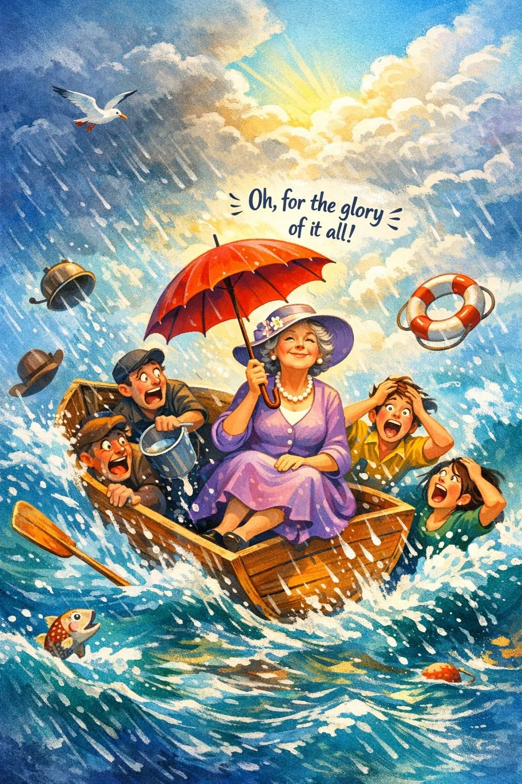 Illustration of a calm person holding an umbrella in a rainstorm while others struggle around them, symbolizing how acceptance creates steadiness in the middle of emotional intensity.