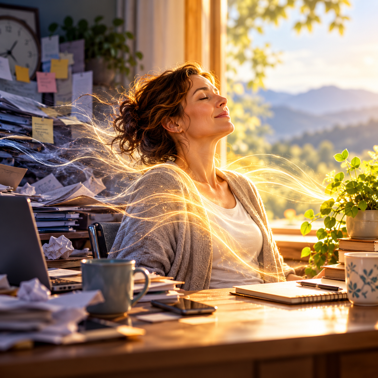 Woman pausing amid a busy workspace as warm light and flowing energy surround her