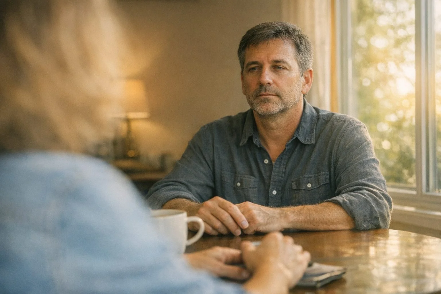 First‑person view across a small table, a man sitting opposite with a distant, unfocused gaze as warm sunlight filters through a window. The scene conveys presence, boundaries, and the subtle pull between compassion and over‑giving.