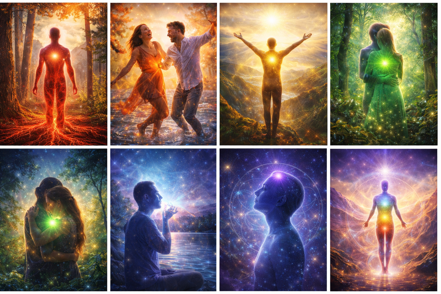 Collage of eight luminous, chakra‑themed scenes showing glowing human figures in natural and cosmic landscapes, each radiating light from the heart or crown to symbolize energy, connection, and spiritual awakening.